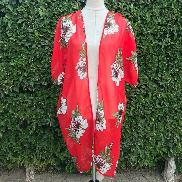 LIVE 4 TRUTH Tomato Red Kimono with Beige and green Floral Print (M) - Picture 1 of 9